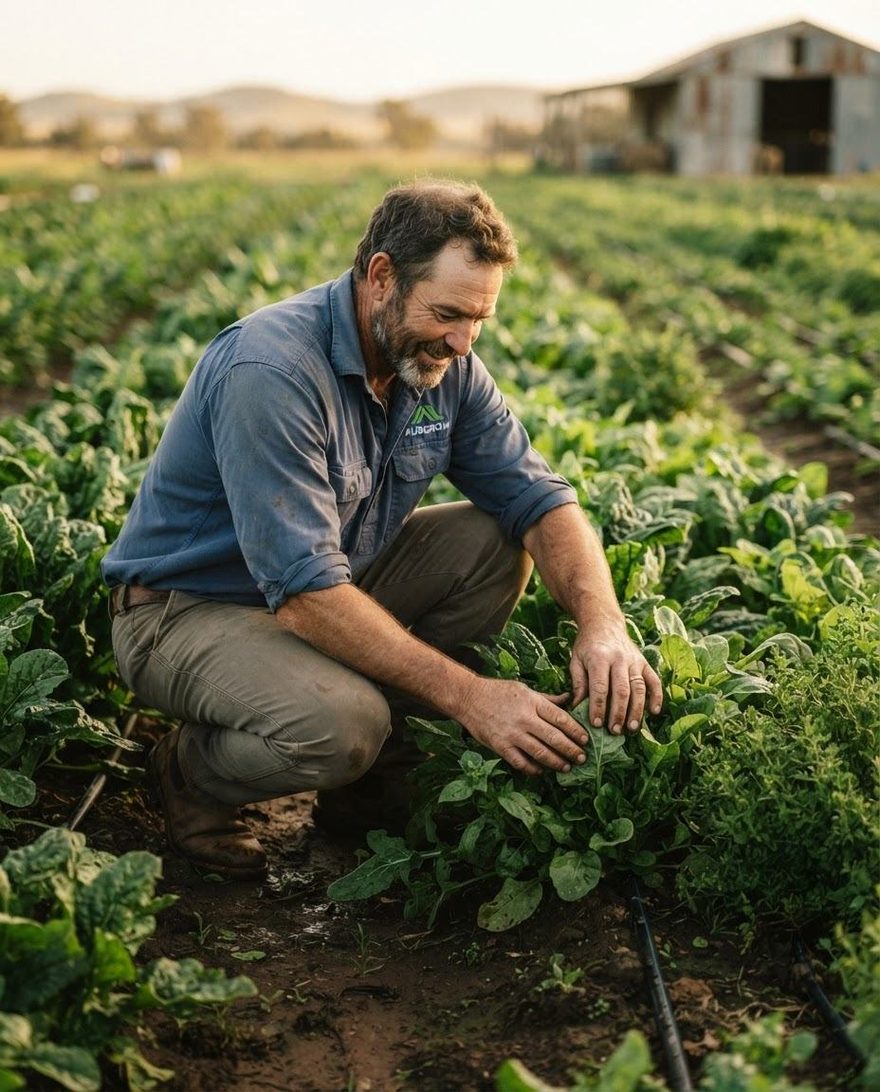 A farmer kneeling among leafy crops