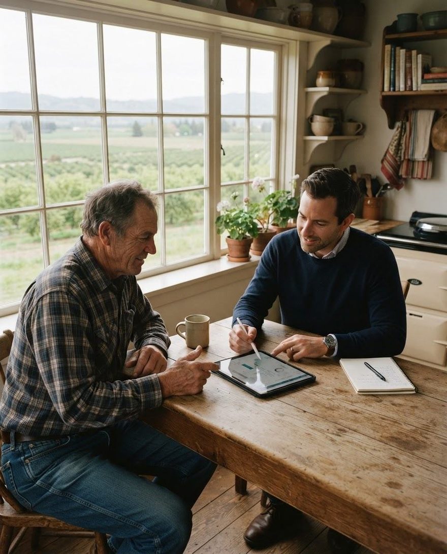 Two men reviewing paperwork on a tablet at a table