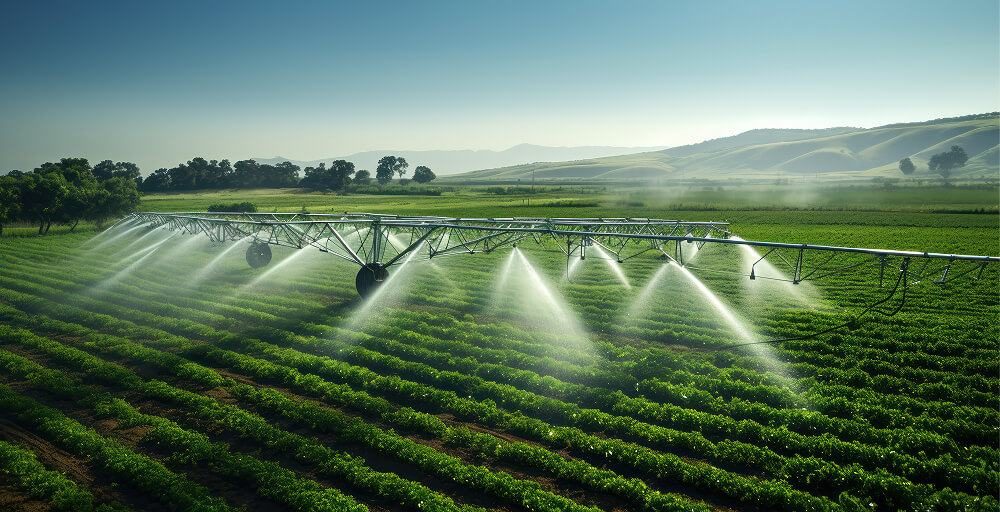 Irrigation sprinklers watering green crops