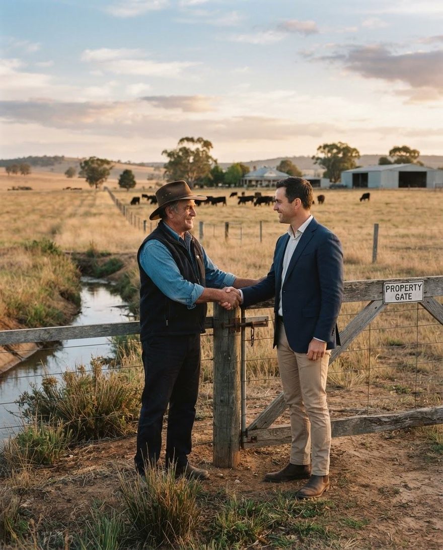 A farmer and an adviser shaking hands at a farm gate