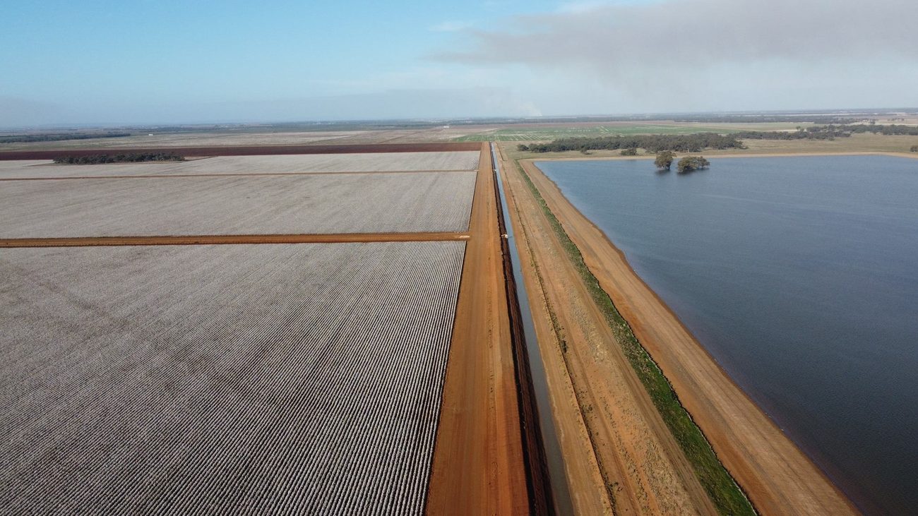 Aerial view of an irrigation channel between fields